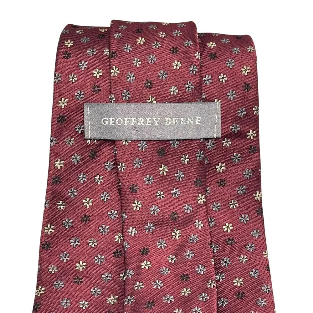 Geoffrey Beene Tie - Geometric Floral Maroon Red Silk Necktie - Men's Classic‎ - Picture 3 of 8